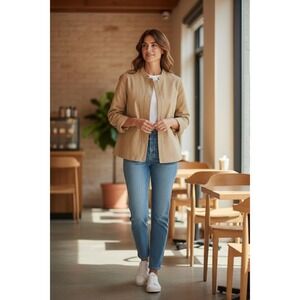 Eileen Fisher Organic Cotton Hemp Stand Collar Jacket Small Khaki Snap Button